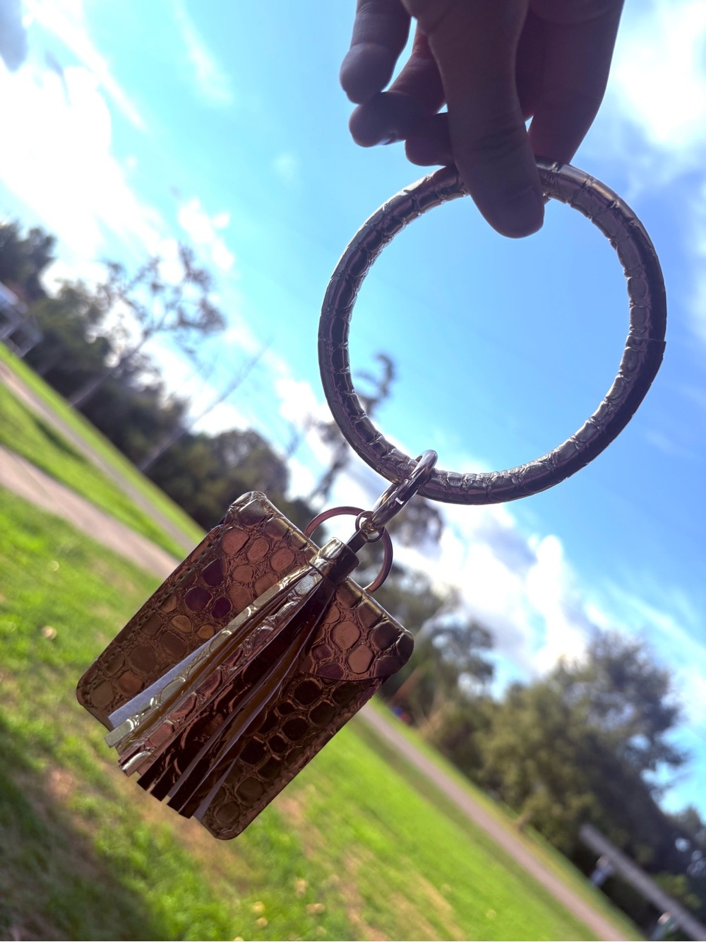 Metallic Rose Gold Ring Keychain Wristlet with Tassel